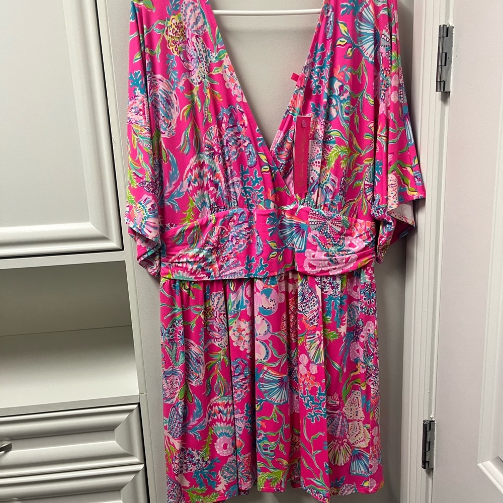 Lilly Pulitzer Pink and Blue Plunge Neck Dolman Sleeve Mini Dress